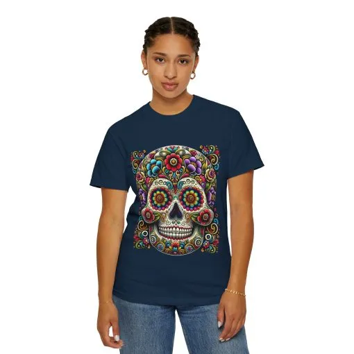 Colorful Floral Skull T-Shirt | Day of the Dead Style | Unisex Garment-Dyed Tee - Image 16