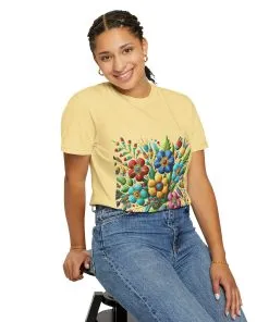 Colorful floral t-shirt with artistic flower print, vibrant unisex garment-dyed tee, bohemian botanical design t-shirt, handmade style floral print tee on light blue fabric.
