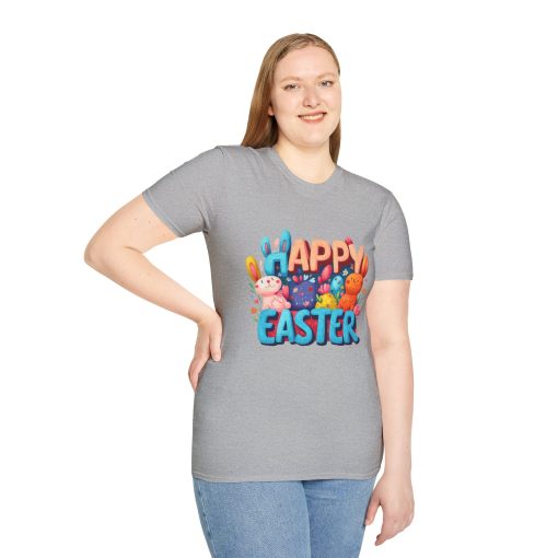 Happy Easter Unisex Softstyle T-Shirt - Fun Spring Bunny Design - Image 4