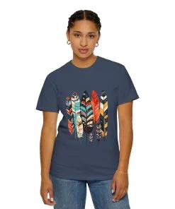 Colorful feather t-shirt with bohemian feather print, artistic tribal feather design tee, unisex boho chic feather graphic t-shirt on white fabric.