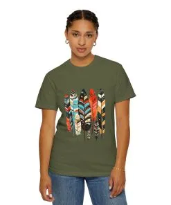 Colorful feather t-shirt with bohemian feather print, artistic tribal feather design tee, unisex boho chic feather graphic t-shirt on white fabric.