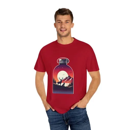 Adventure mountain t-shirt with deer and nature print, eco-friendly outdoor t-shirt, scenic wildlife graphic tee, unisex nature lover’s t-shirt.