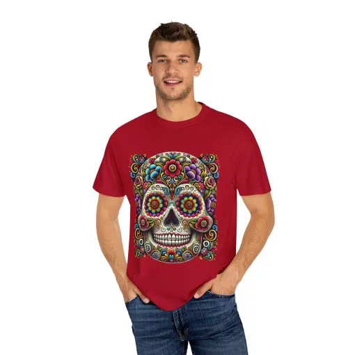 Colorful Floral Skull T-Shirt | Day of the Dead Style | Unisex Garment-Dyed Tee - Image 27