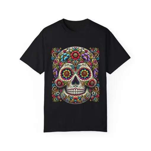 Colorful Floral Skull T-Shirt | Day of the Dead Style | Unisex Garment-Dyed Tee