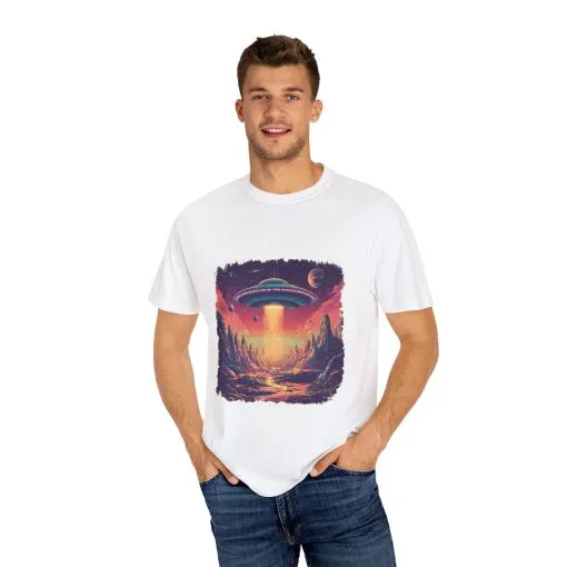 Galactic Adventure Unisex T-Shirt - UFO and Cosmic Landscape Design - Image 7