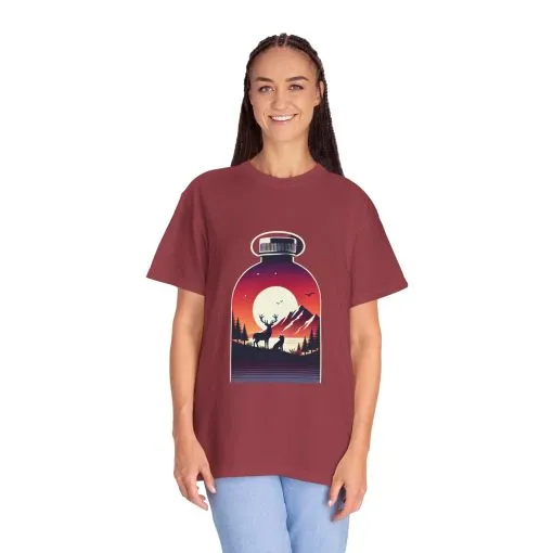 Adventure mountain t-shirt with deer and nature print, eco-friendly outdoor t-shirt, scenic wildlife graphic tee, unisex nature lover’s t-shirt.