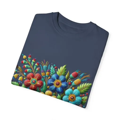 Colorful floral t-shirt with artistic flower print, vibrant unisex garment-dyed tee, bohemian botanical design t-shirt, handmade style floral print tee on light blue fabric.