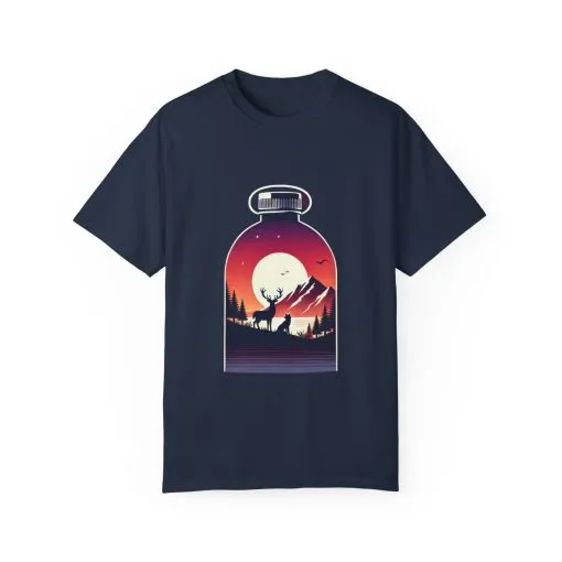 Adventure mountain t-shirt with deer and nature print, eco-friendly outdoor t-shirt, scenic wildlife graphic tee, unisex nature lover’s t-shirt.