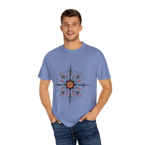 Boho chic nature t-shirt with geometric tribal design, artistic mandala print tee, unisex garment-dyed earthy tone t-shirt, bohemian festival fashion t-shirt.