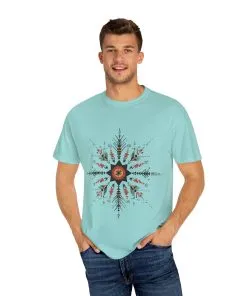 Boho chic nature t-shirt with geometric tribal design, artistic mandala print tee, unisex garment-dyed earthy tone t-shirt, bohemian festival fashion t-shirt.