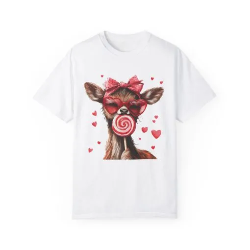 Cute Valentine’s Day Deer T-Shirt - Garment-Dyed Unisex Tee with Heart Design - Image 2