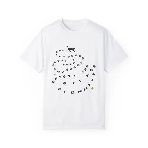 Whimsical Cat and Paw Print T-Shirt for Animal Lovers
