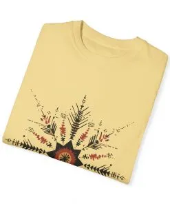 Boho chic nature t-shirt with geometric tribal design, artistic mandala print tee, unisex garment-dyed earthy tone t-shirt, bohemian festival fashion t-shirt.