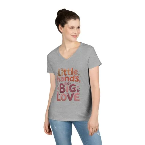Ladies' V-Neck T-Shirt,Little Hands, Big Love, Perfect for Moms, Gifts, Family Events, Baby Showers, Everyday Wear, Cute Tee, mother's day - Image 4
